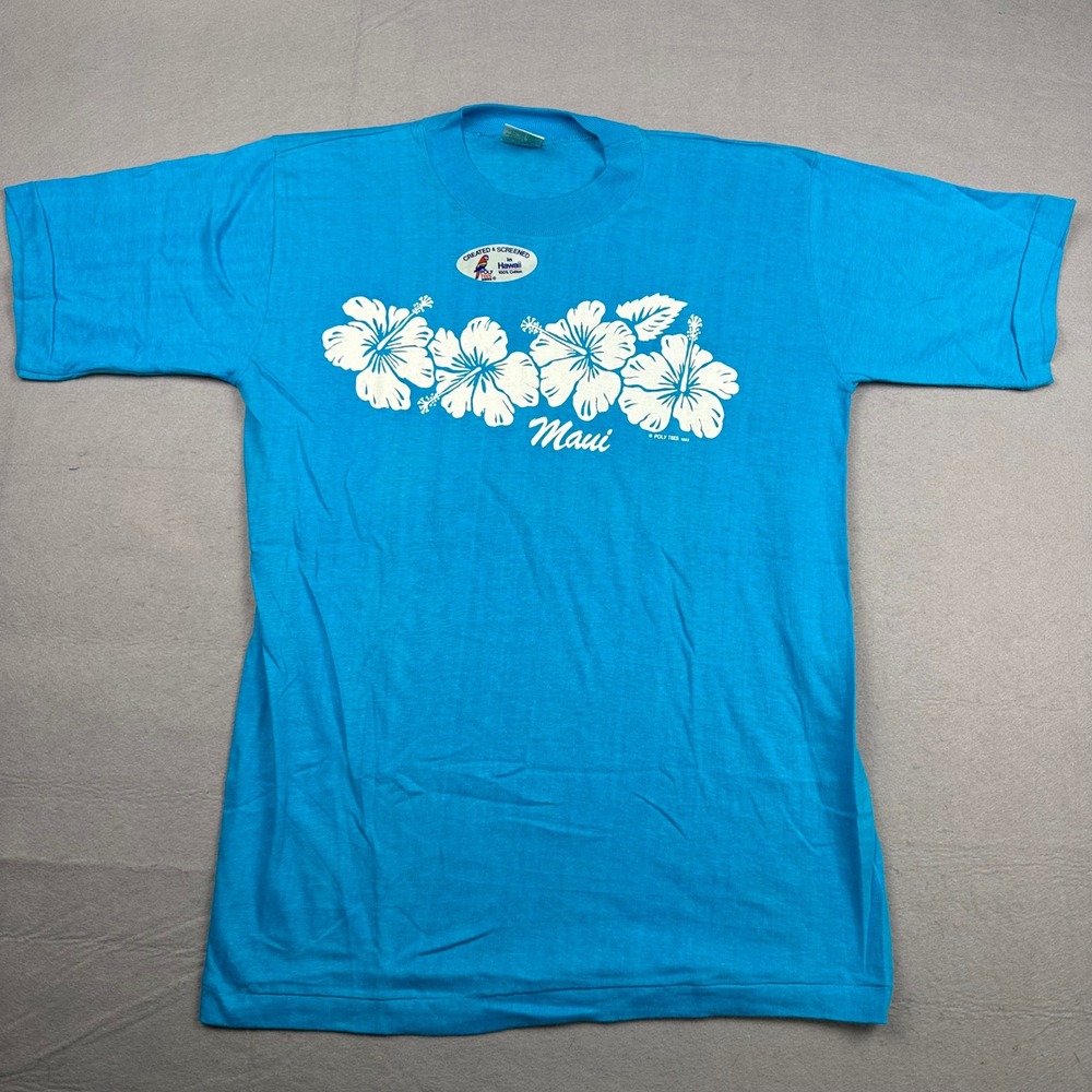 Vintage 1983 Poly Tees Hawaii Maui Hibiscus T-Shirt Blue Single Stitch Deadstock